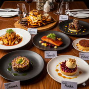 A high-angle shot of a dinner table with five unique and artfully arranged dishes, including a deconstructed poutine, maple-glazed salmon, and a sophisticated dessert, all in a stylish, contemporary restaurant setting.