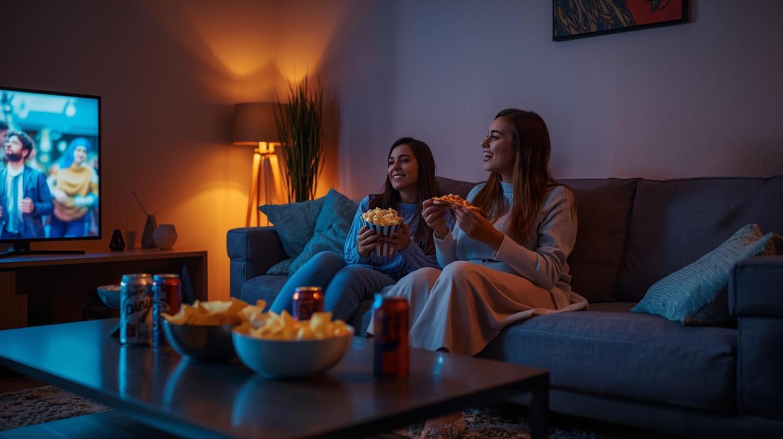Two friends enjoy late-night snacks while streaming movies in cozy living room.