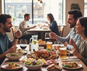 Circle of friends gather together with table served with lots of food