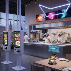 Futuristic restaurant interior in Canada with digital ordering kiosks, chefs using smart kitchen equipment and customers paying via mobile devices