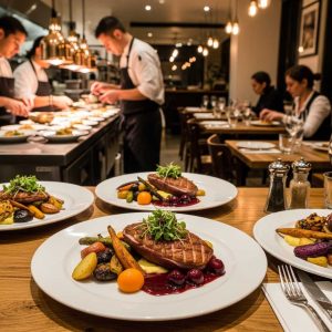 A modern Canadian restaurant serving farm-to-table dishes, featuring fresh vegetables, locally sourced meats and chefs plating meals