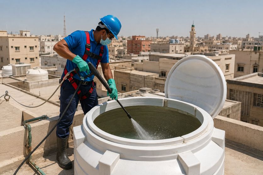 residential rooftop water tank being professionally cleaned